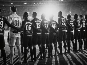 Imagen generada por IA de un equipo de fútbol alineado en el campo dentro de un estadio muy iluminado