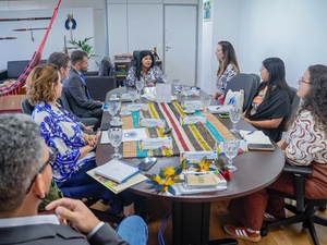 Reunião em uma sala de reunião com nove pessoas sentadas ao redor de uma mesa oval. A mesa está decorada com artesanatos indígenas coloridos. No fundo, há uma rede vermelha pendurada e objetos decorativos na parede. A pessoa ao centro da cabeceira fala com o grupo, enquanto os demais participantes a escutam. Livros, cadernos, copos de água e materiais de trabalho estão espalhados sobre a mesa.
