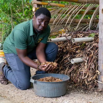 Ermano Prévoir, haitiano com visto humanitário no Brasil, posa com açaí ao lado de sua lixeira de compostagem.