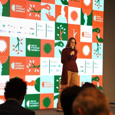 A chefe do escritório do ACNUR em São Paulo, Maria Beatriz Nogueira, durante evento de lançamento da Aliança Empregos Verdes