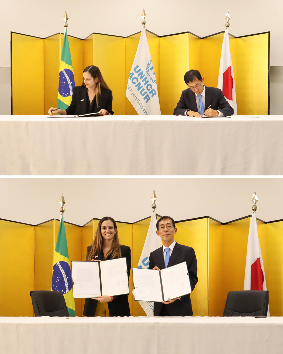 Raquel Trabazo, representante Adjunta do ACNUR Brasil, e Tomoaki Ishigaki, Encarregado de Neg&oacute;cios da Embaixada do Jap&atilde;o,