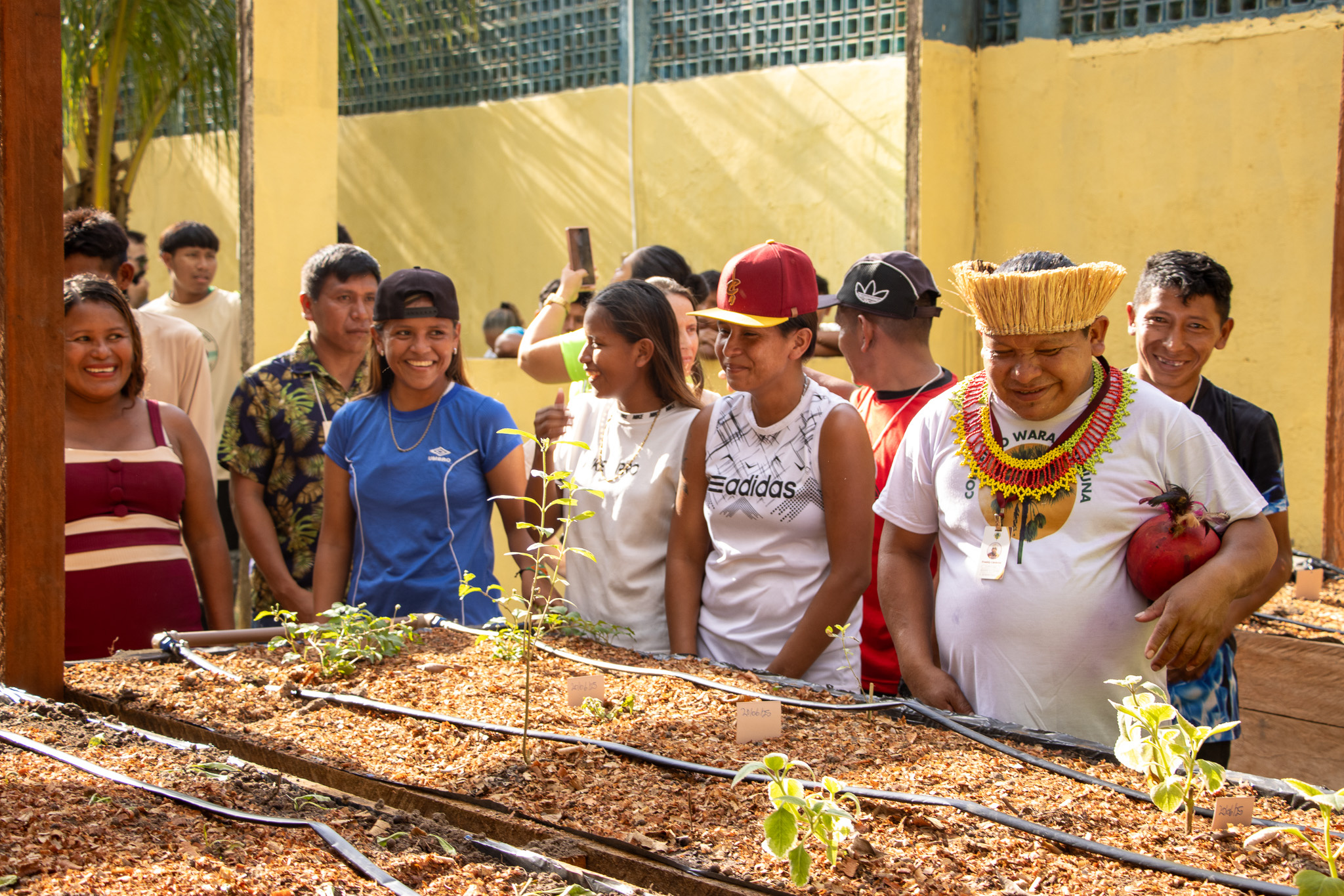 Grupo de pessoas observando uma horta com mudas jovens em canteiro com irriga&ccedil;&atilde;o por gotejamento; algumas tiram fotos com o celular. Ao fundo, parede amarela e vegeta&ccedil;&atilde;o.