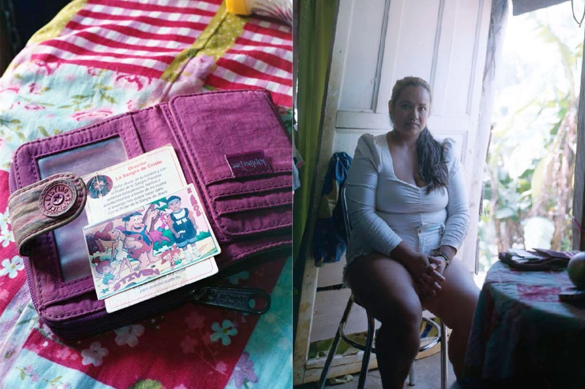 Composi&ccedil;&atilde;o de duas fotos. &Agrave; esquerda, uma carteira aberta, &agrave; direita, uma mulher sentada posando olhando para a c&acirc;mera.