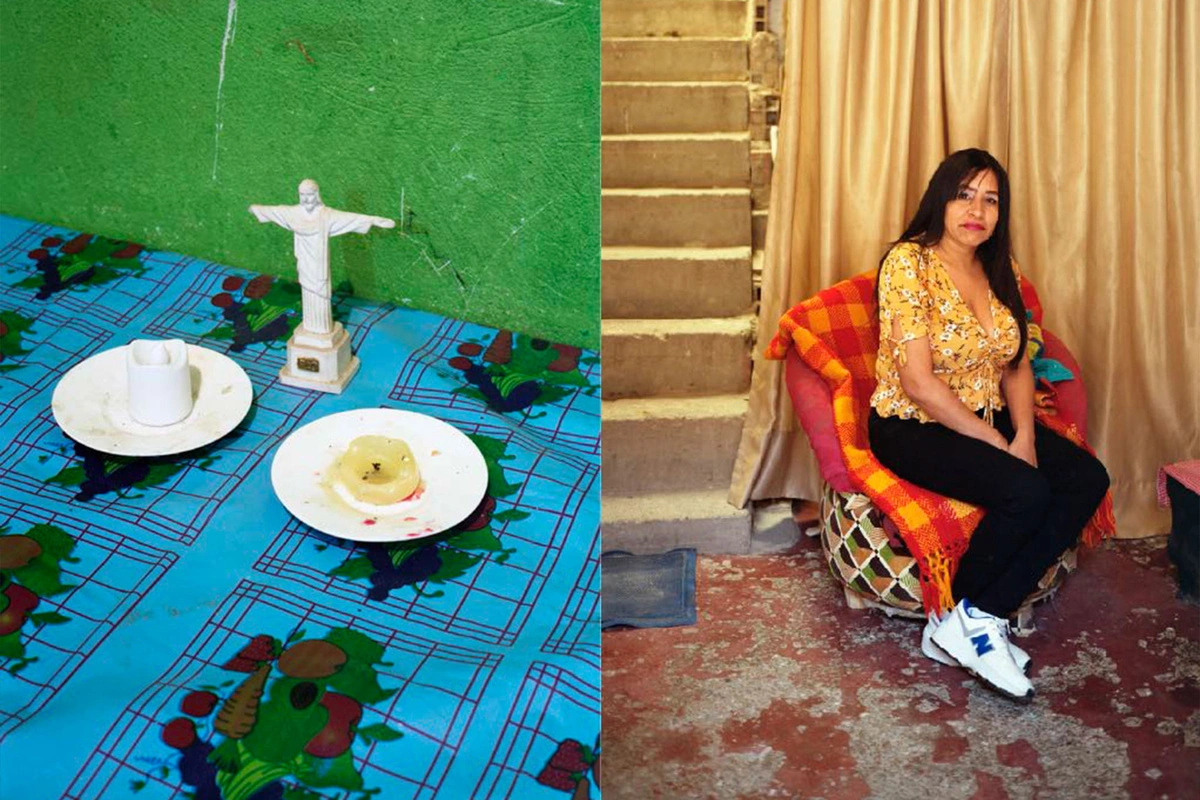 Composi&ccedil;&atilde;o de duas fotos. &Agrave; esquerda, duas velas sobre uma mesa com uma reprodu&ccedil;&atilde;o do Cristo Redentor; &agrave; direita, uma mulher sentada em uma poltrona com um cobertor xadrez dobrado por cima, posando olhando para a c&acirc;mera.