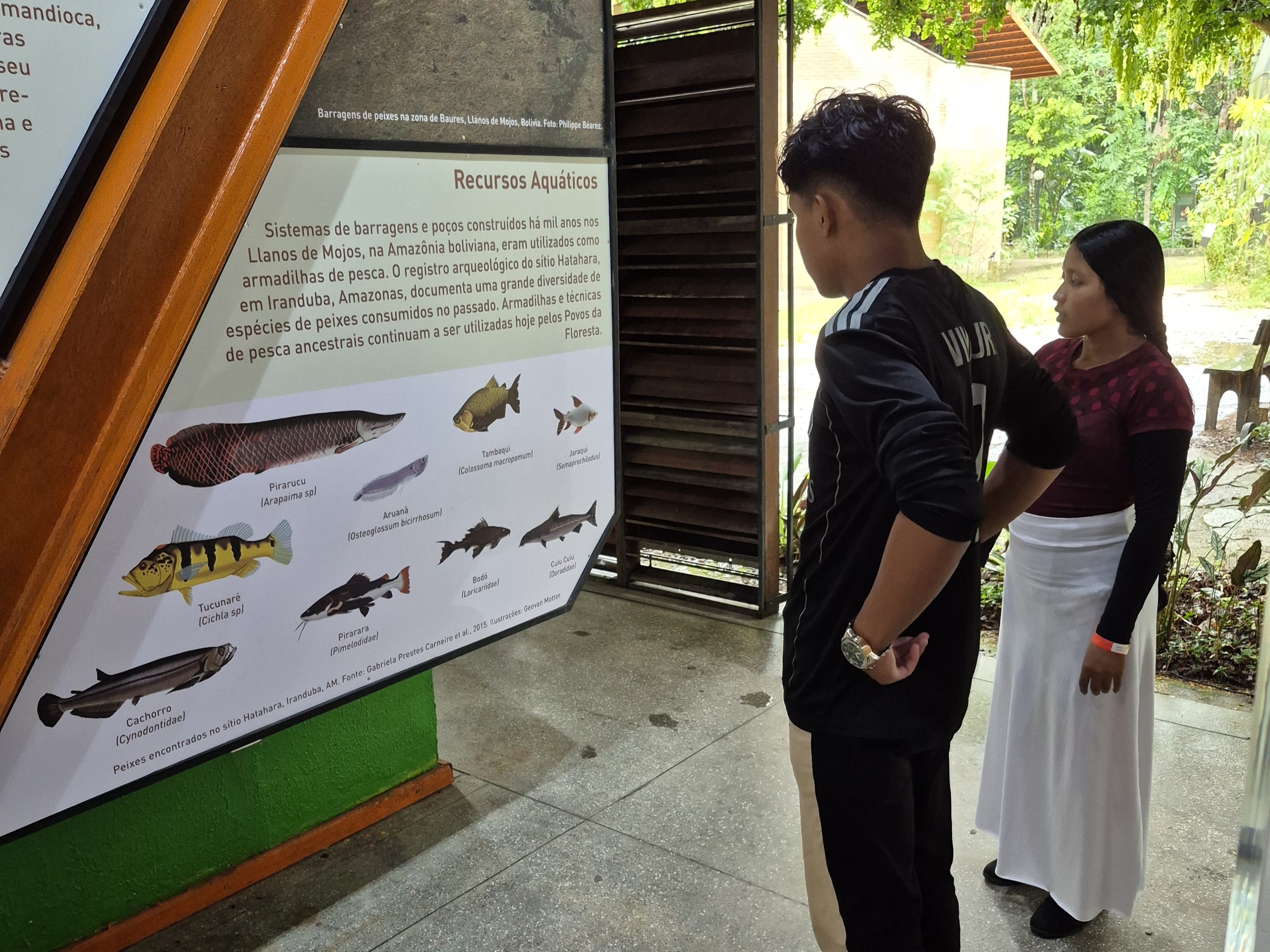 Duas pessoas jovens observam um painel com ilustra&ccedil;&otilde;es e textos sobre peixes amaz&ocirc;nicos, atr&aacute;s um fundo com vegeta&ccedil;&atilde;o indica que est&atilde;o em uma &aacute;rea florestal