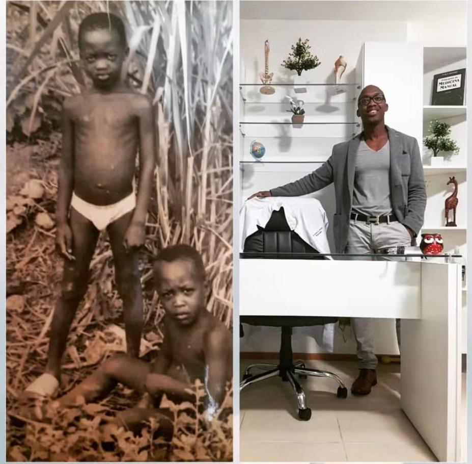 Delmany e seu irm&atilde;o em Angola e hoje, em sua cl&iacute;nica de fisioterapia.