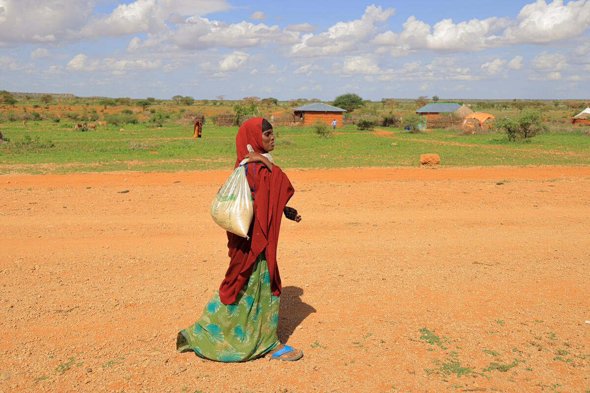 Uma mulher deslocada pela seca severa na Etiópia retorna ao seu abrigo depois de comprar mantimentos com ajuda em dinheiro que recebeu do ACNUR. Foto: ACNUR/Tiksa Negeri
