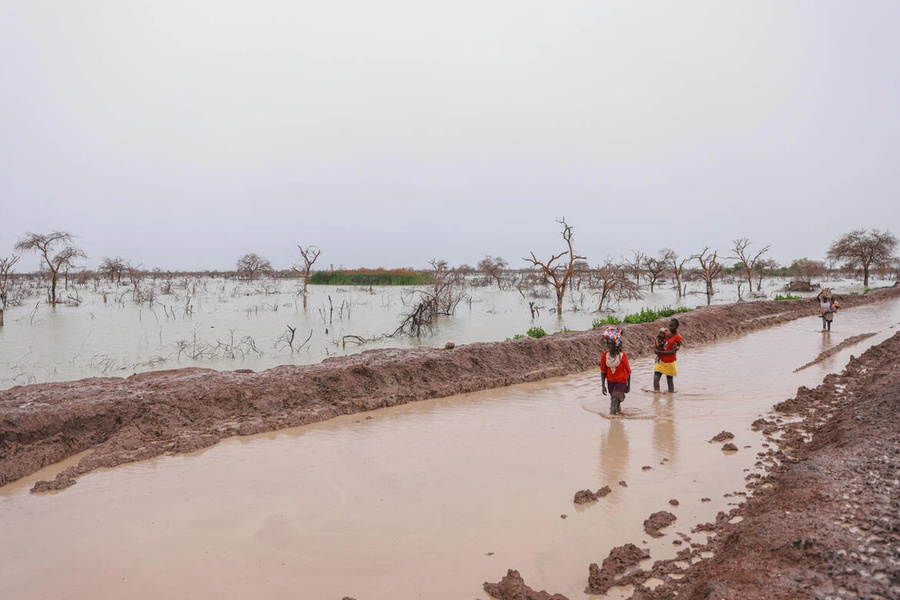 Pessoas deslocadas pelas enchentes carregam crianças e pertences ao longo de uma estrada alagada em Bentui, Sudão do Sul, em julho de 2024.