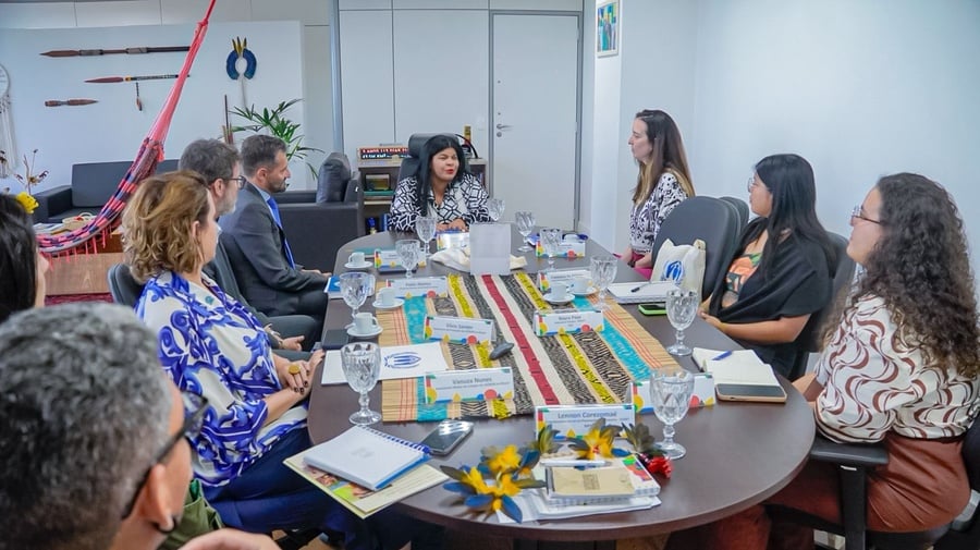 Reunião em uma sala de reunião com nove pessoas sentadas ao redor de uma mesa oval. A mesa está decorada com artesanatos indígenas coloridos. No fundo, há uma rede vermelha pendurada e objetos decorativos na parede. A pessoa ao centro da cabeceira fala com o grupo, enquanto os demais participantes a escutam. Livros, cadernos, copos de água e materiais de trabalho estão espalhados sobre a mesa.
