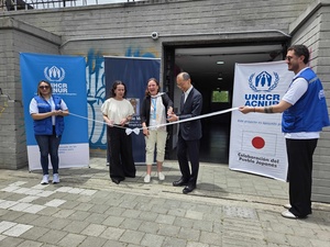 Embajador de Japón y Deputy de ACNUR en Colombia cortan cinta de entrega del Alojamiento Colectivo Temporal de Medellín 