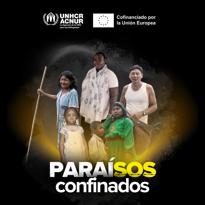 Portada de Exposición Paraísos Confinados, con logos de ACNUR y Cofinanciado por la Unión Europea