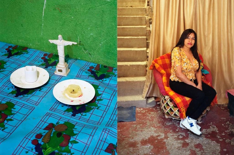 Dos vela en platos y estatua pequeña de Jesus al medio. 
