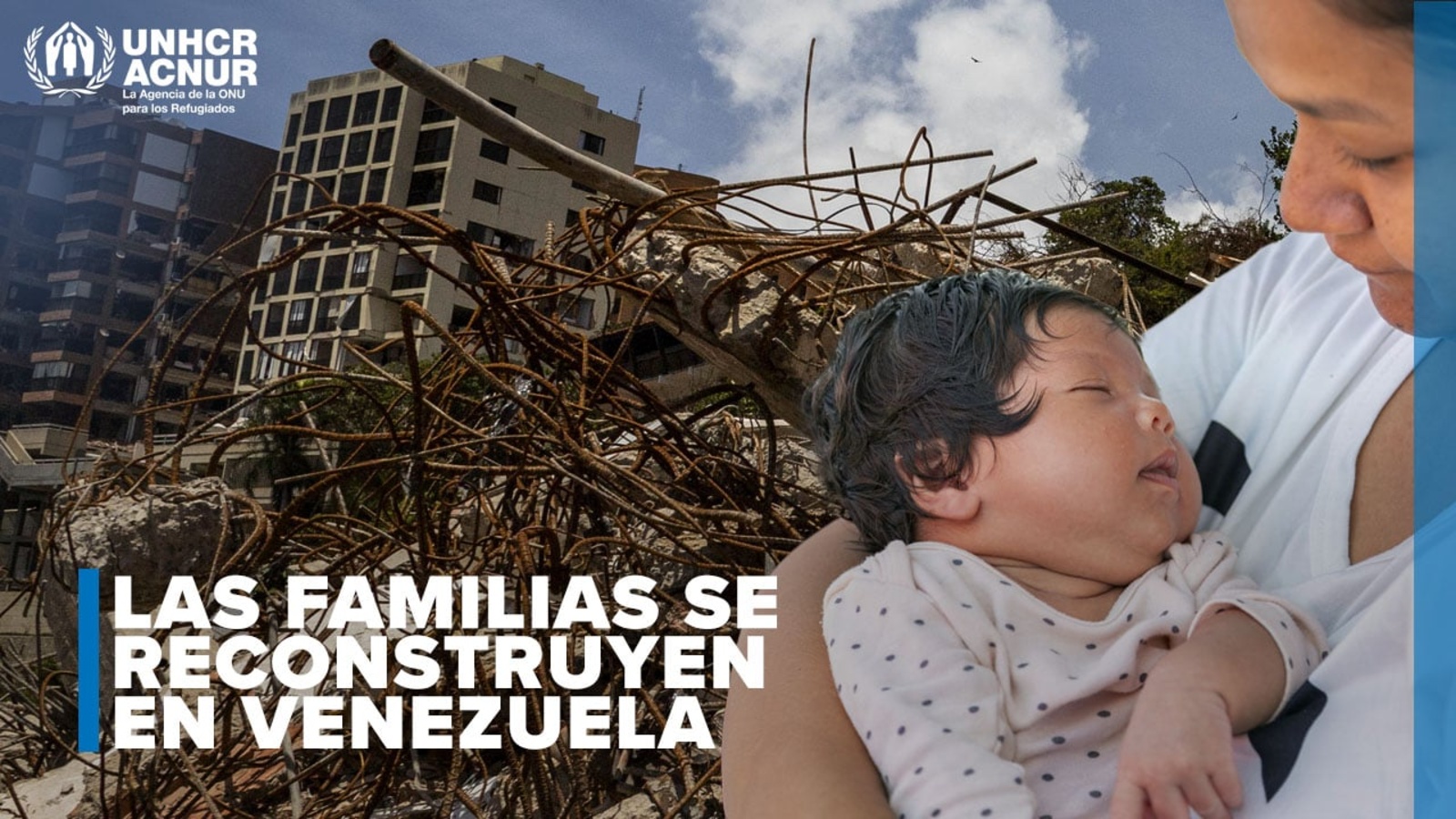 Una mujer sostiene a una bebé en sus brazos, sobrepuesta en un fondo de una foto de edificios destruidos