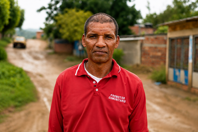 Foto retrato de hombre adulto con camiseta de promotor comunitario 