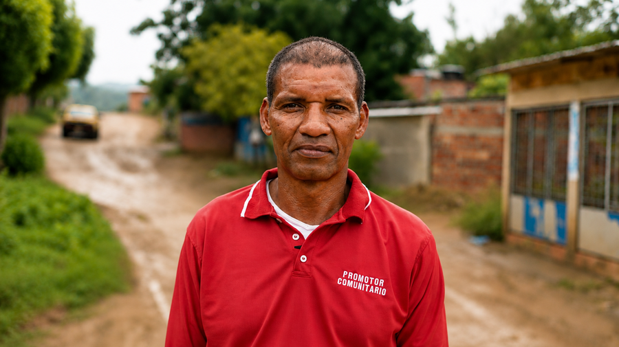 Foto retrato de hombre adulto con camiseta de promotor comunitario 