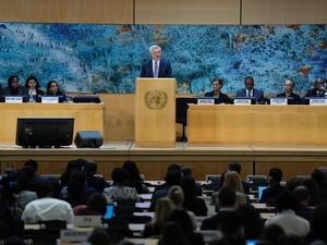 El Alto Comisionado de las Naciones Unidas para los Refugiados, Filippo Grandi, durante su discurso inaugural de la 76 sesión plenaria del Comité Ejecutivo del Programa del Alto Comisionado, en Ginebra, Suiza.