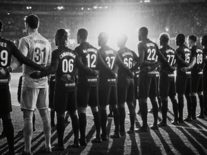 Imagen generada por IA de un equipo de fútbol alineado en el campo dentro de un estadio muy iluminado