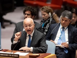 El Alto Comisionado de las Naciones Unidas para los Refugiados, Barham Salih, pronuncia su discurso ante el Consejo de Seguridad de la ONU, en Nueva York.