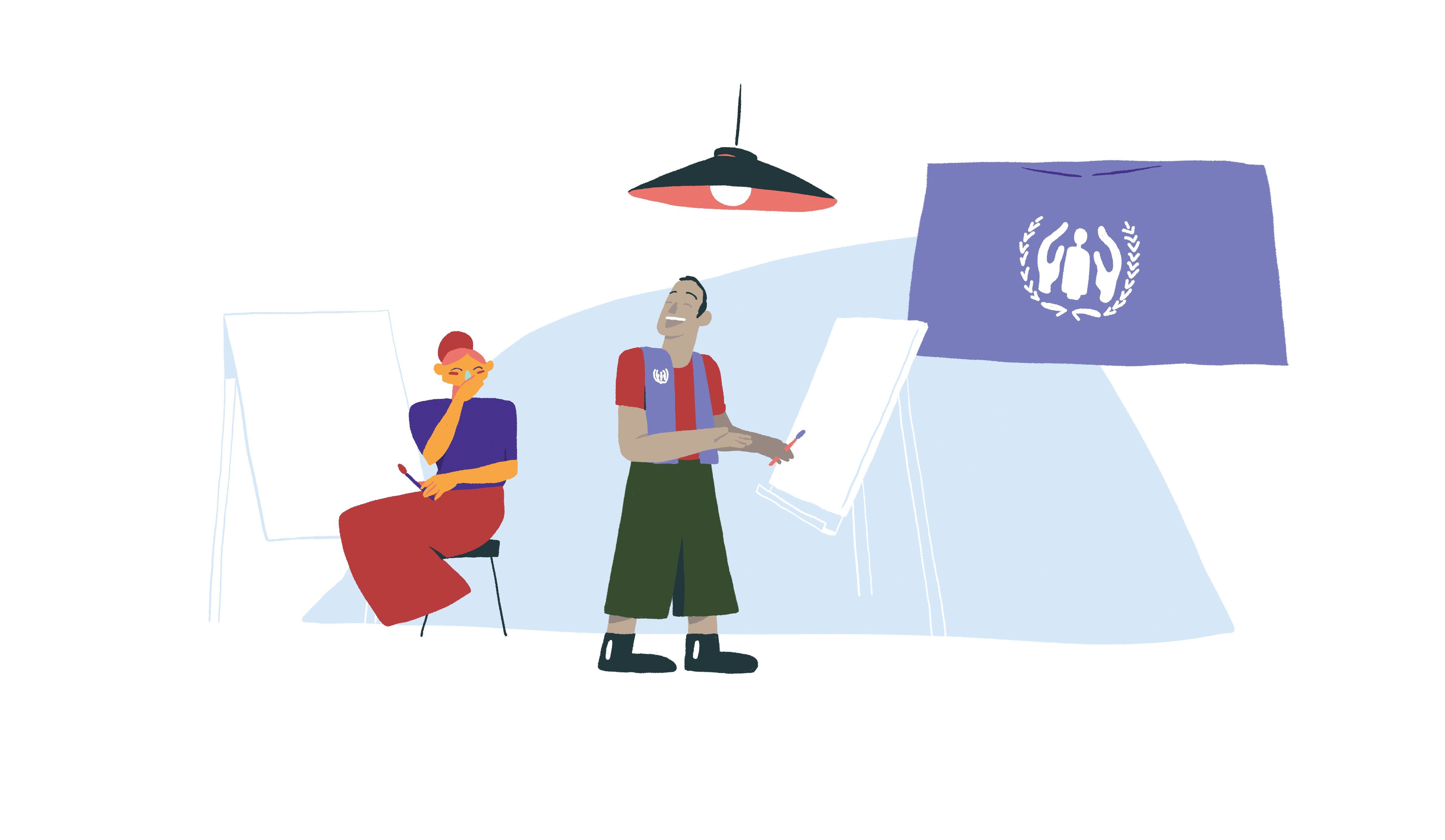 Illustration of a woman and a man talking together.