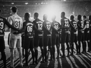 Imagen de un equipo de fútbol masculino de espaldas, generada por IA, por la productora Upperfast.