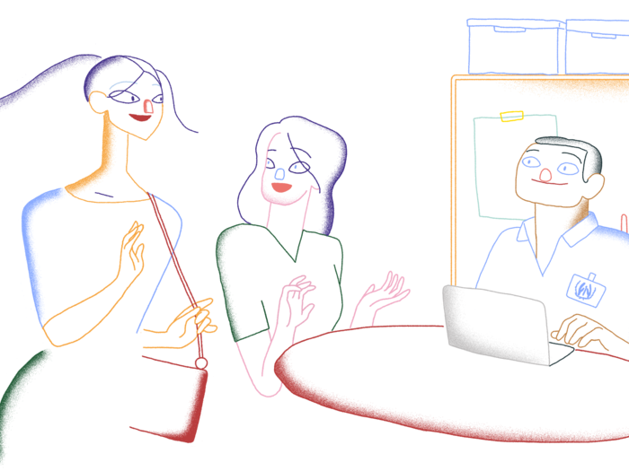 Illustration of four people sitting together at a table.
