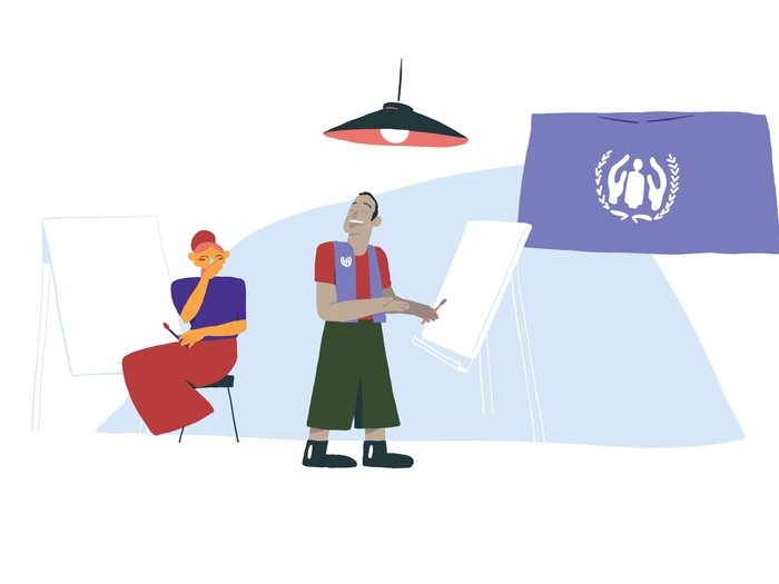 Illustration of a woman and a man talking together.