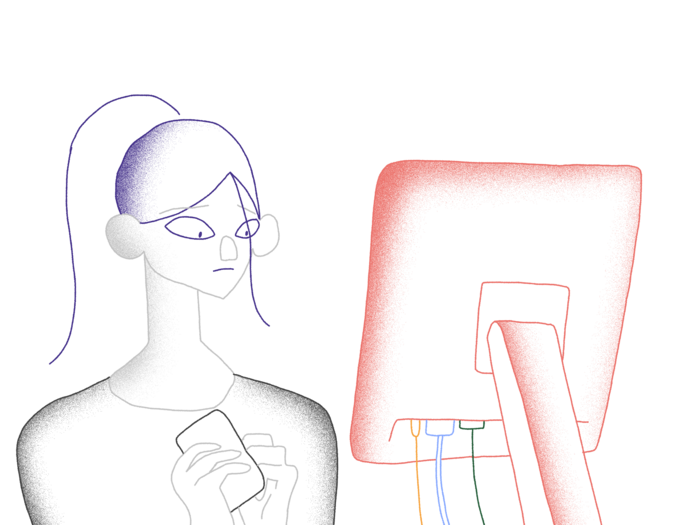 Illustration of a woman in front of her laptop.
