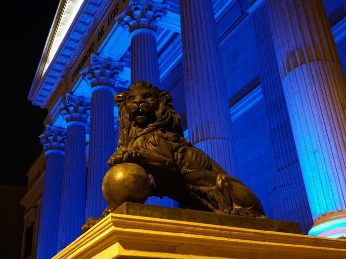 Fachada del Congreso de los Diputados iluminadad de azul.