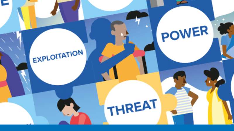 Illustration of various people with the words "Exploitation" "Power" "Threat" etc