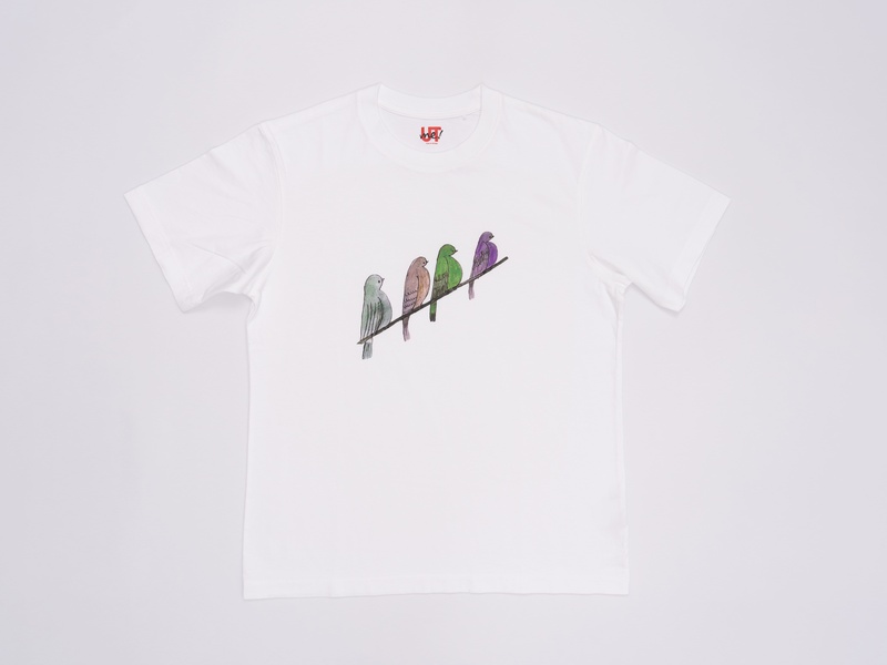 Imagen de una camiseta con estampado de cuatro aves que resposan, una a lado de la otra, sobre un cable