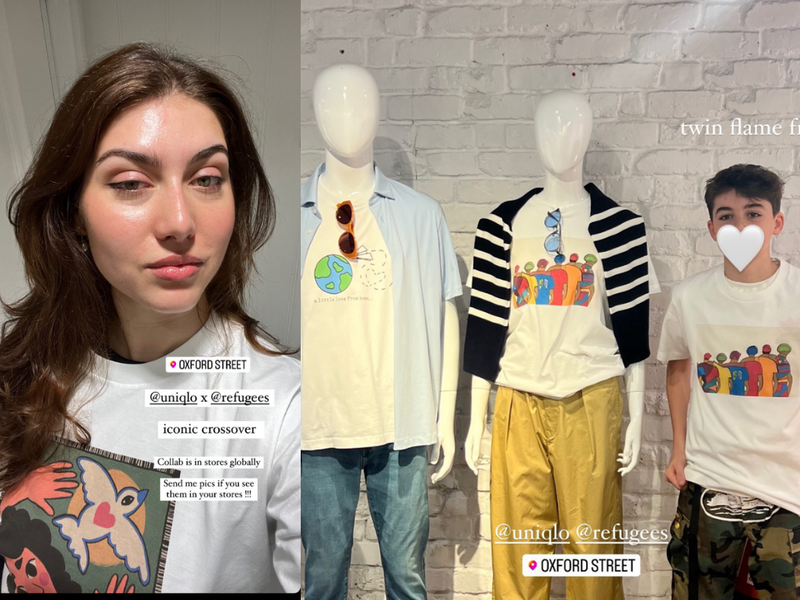 Del lado izquierdo, una selfi de una mujer que visitó una tienda UNIQLO; del lado derecho, una imagen de dos maniquíes que muestran las camisetas con ilustraciones ganadoras. Del lado derecho también aparece un niño que lleva puesta una de las camisetas de la colección.