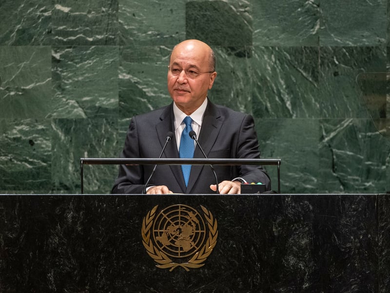 Barham Salih se dirige a la Asamblea General de la ONU, en Nueva York, en 2019.