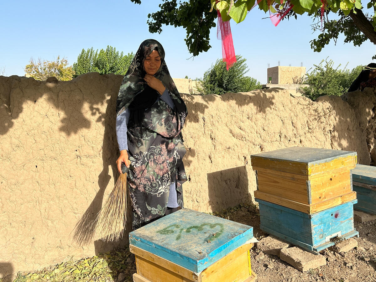 Una mujer sostiene una escoba con la que limpia las abejas de plagas