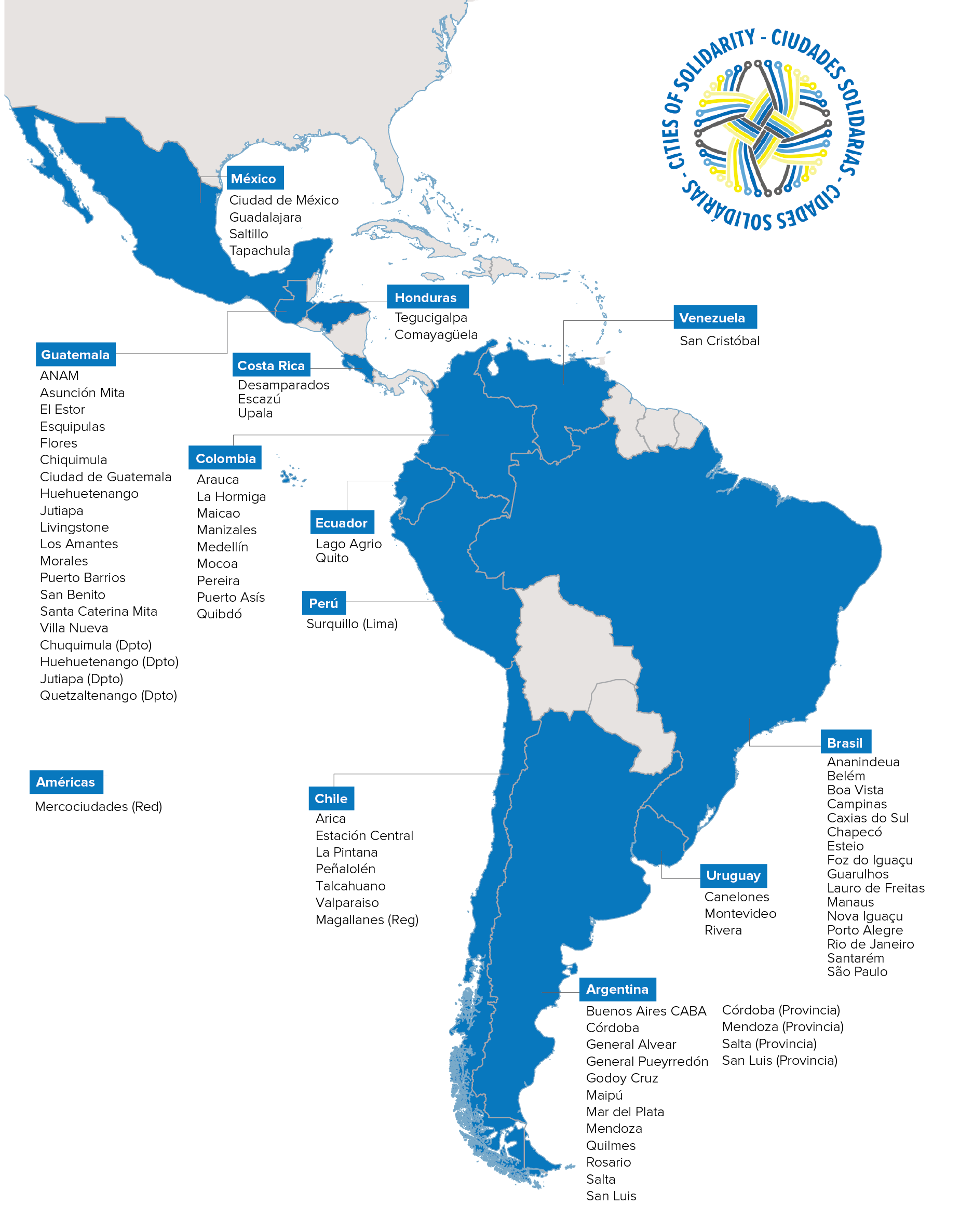 Mapa de las Ciudades Solidarias en las Américas (septiembre de 2025)