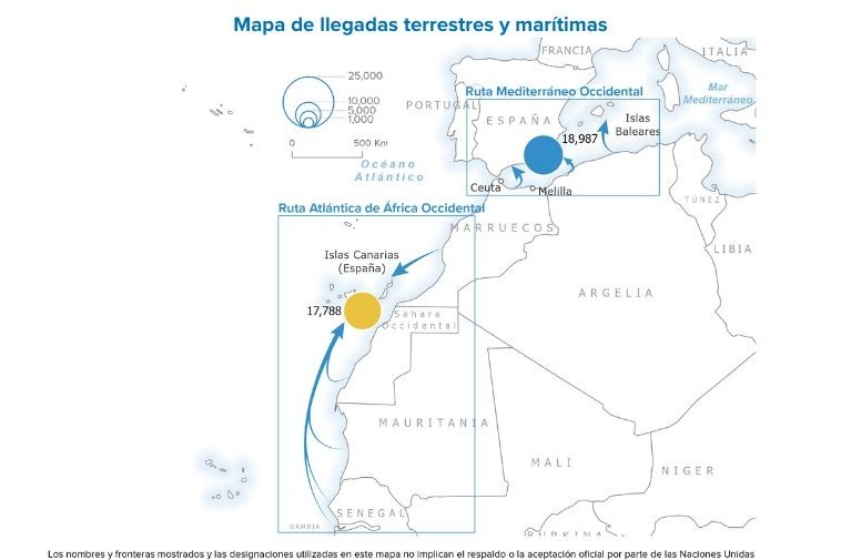Mapa de llegadas terrestres y mar&iacute;timas a Espa&ntilde;a en 2025.