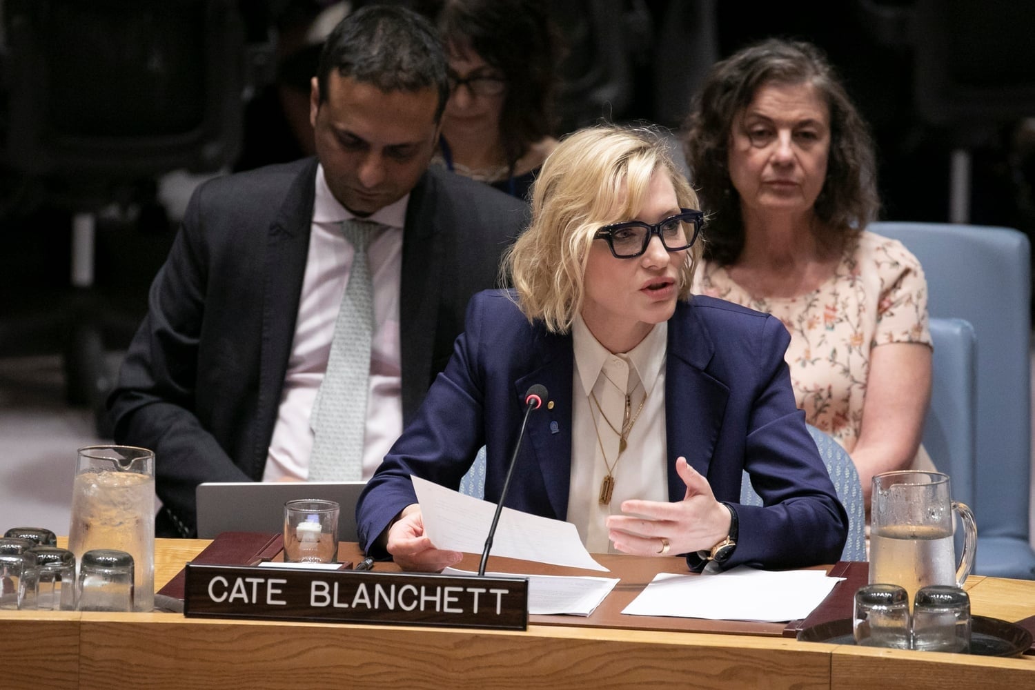 Cate Blanchett hablando durante una sesión del Consejo de Seguridad de la ONU.