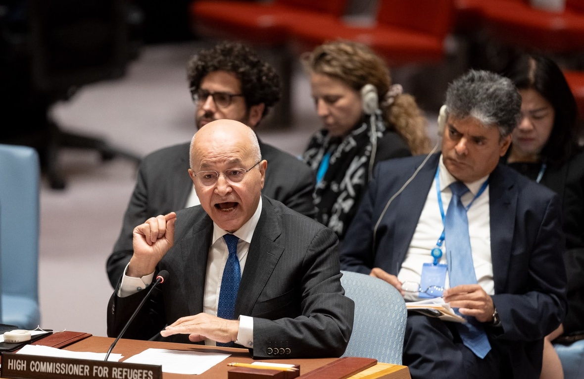 El Alto Comisionado de las Naciones Unidas para los Refugiados, Barham Salih, pronuncia su discurso ante el Consejo de Seguridad de la ONU, en Nueva York.