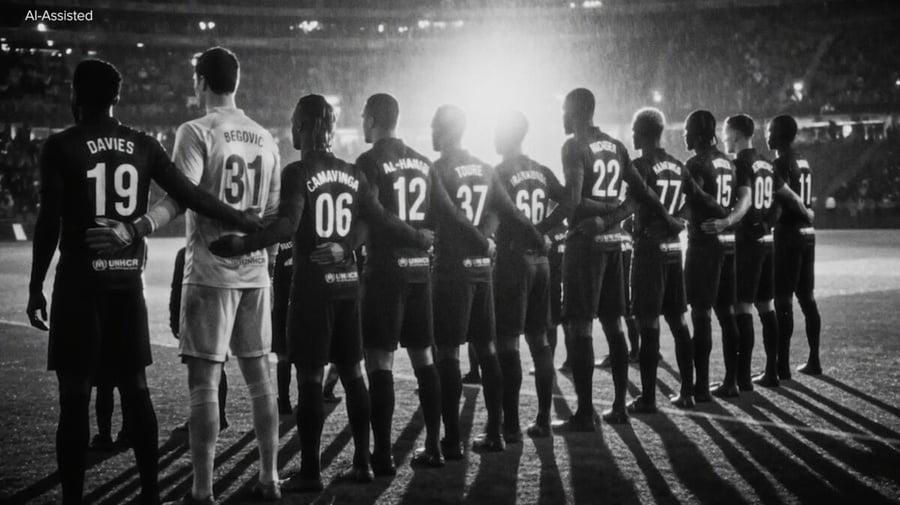 Imagen de un equipo de fútbol masculino de espaldas, generada por IA, por la productora Upperfast.