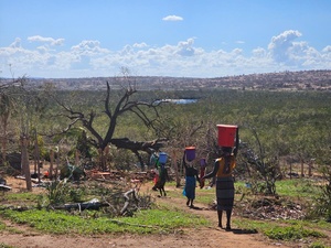 Un grupo de mujeres caminan por un sendero rural cargando baldes de agua en sus cabezas.