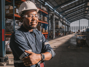 Un hombre con casco y gafas de protección posa para la cámara en un almacen industrial.