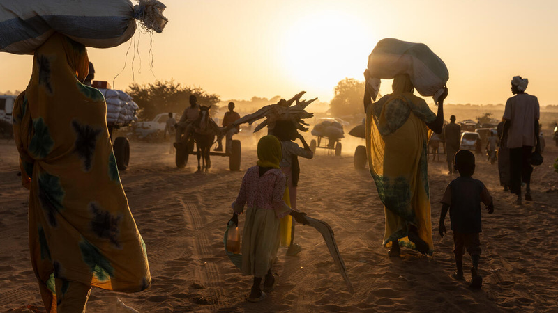 Con el sol poniéndose a sus espaldas, mujeres, niñas y niños en Chad caminan en un polvoriento terreno. Sobre sus cabezas llevan madera y sacos de arpillera.