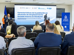 Presentación del estudio en una sala con varios asistentes.