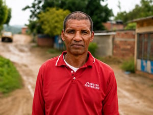 Retrato de un hombre que lleva puesta una camisa de promotor comunitario.
