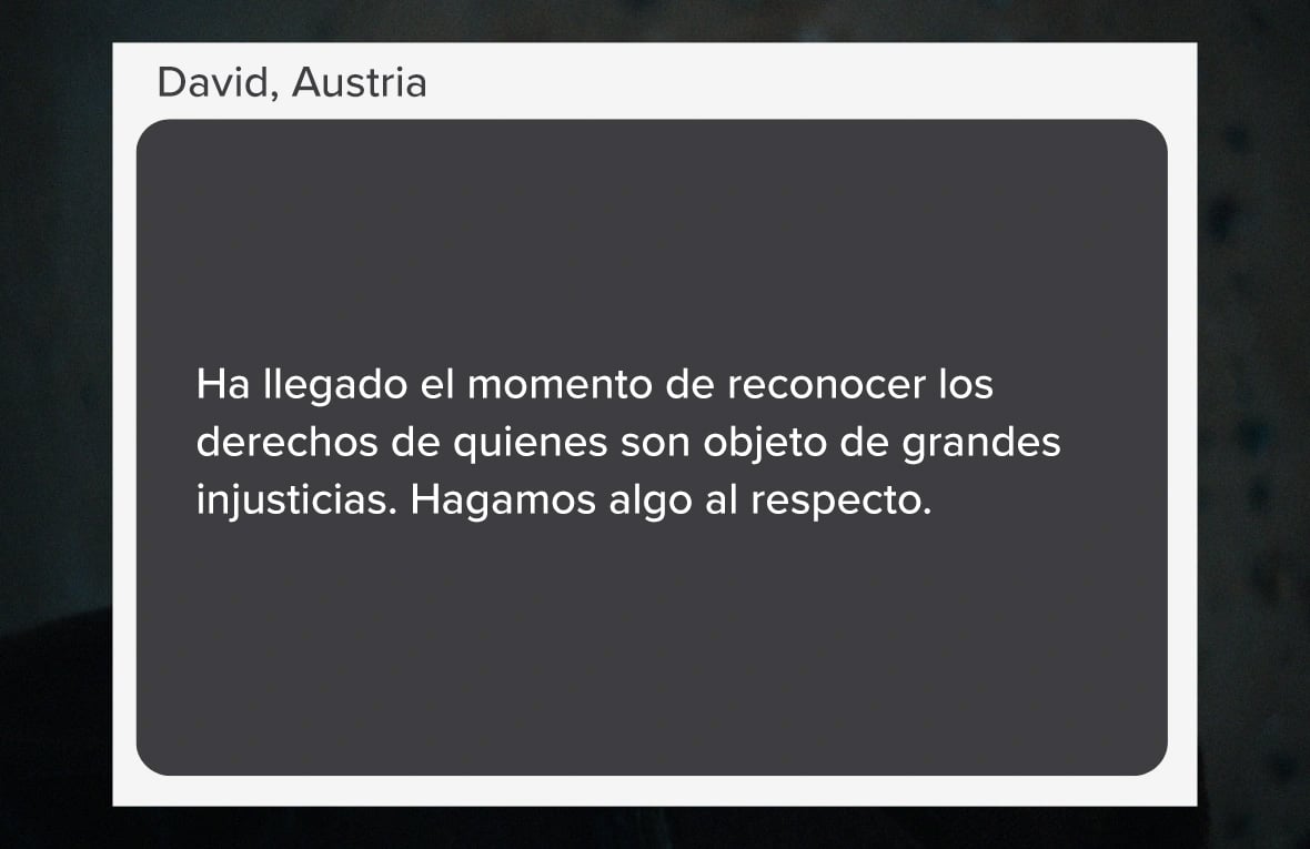 Captura de pantalla que se lee: &quot;Ha llegado el momento de reconocer los derechos de quienes son objeto de grandes injusticias. Hagamos algo al respecto.&quot; (Palabras de David, de AUstria).