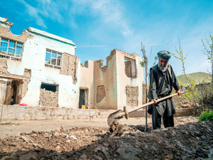 Un hombre cava una zanja para un árbol frente a las ruinas de una casa bombardeada.