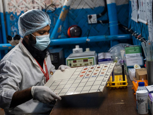 Un técnico de laboratorio analiza muestras de sangre en un centro de salud del campamento de refugiados de Kutupalong, Cox's Bazar, Bangladesh.