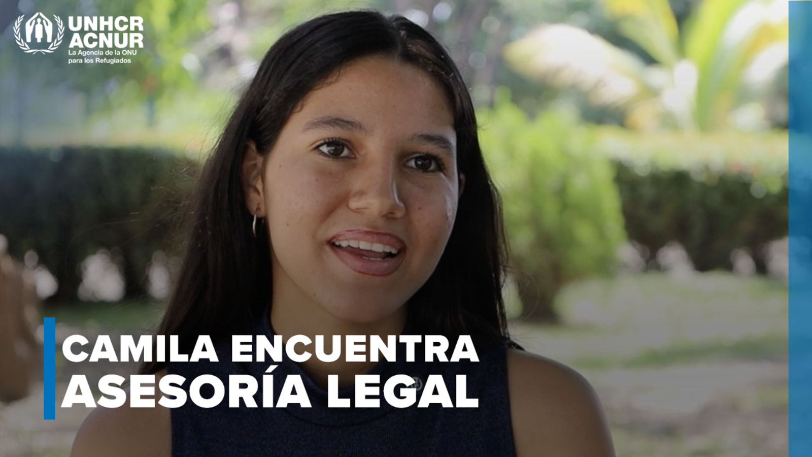 Rostro de una joven sonriente, encima se lee CAMILA ENCUENTRA ASESORÍA LEGAL