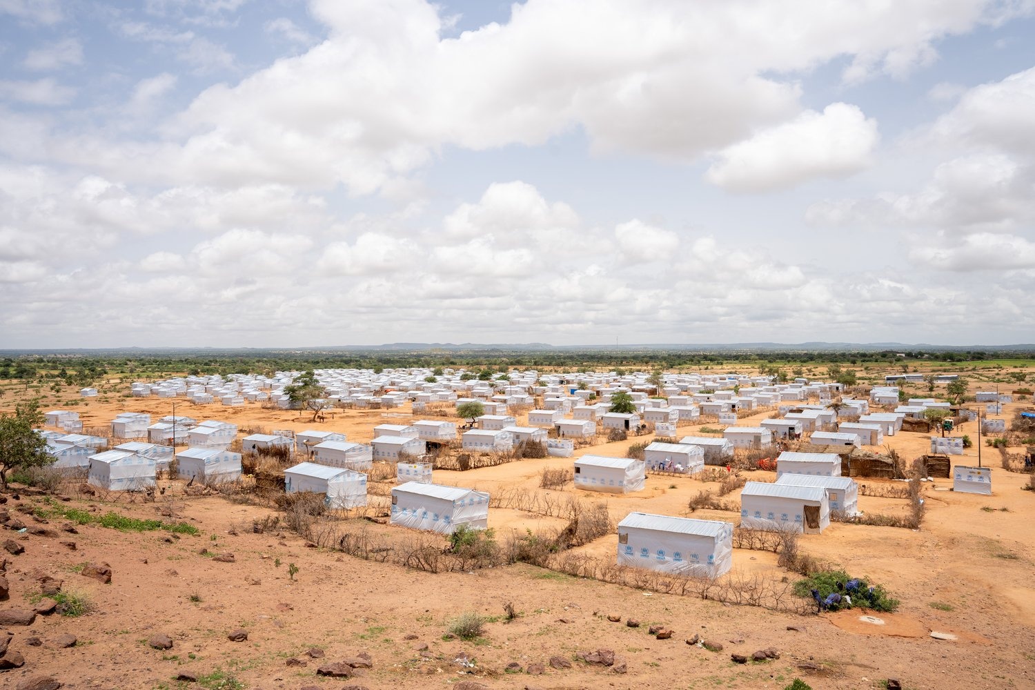 Hileras de alojamientos recién instalados en un campamento de refugiados