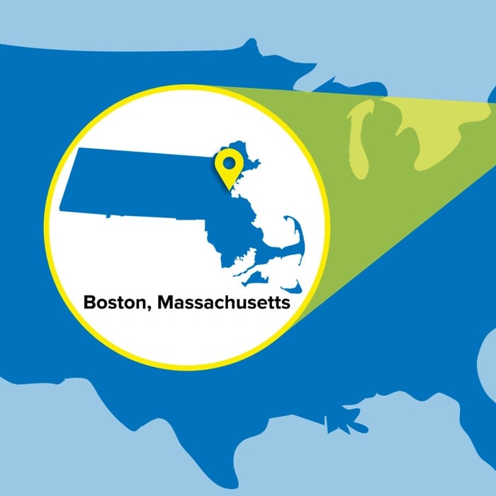 Mapa de Estados Unidos con enfoque en Boston, Massachusetts