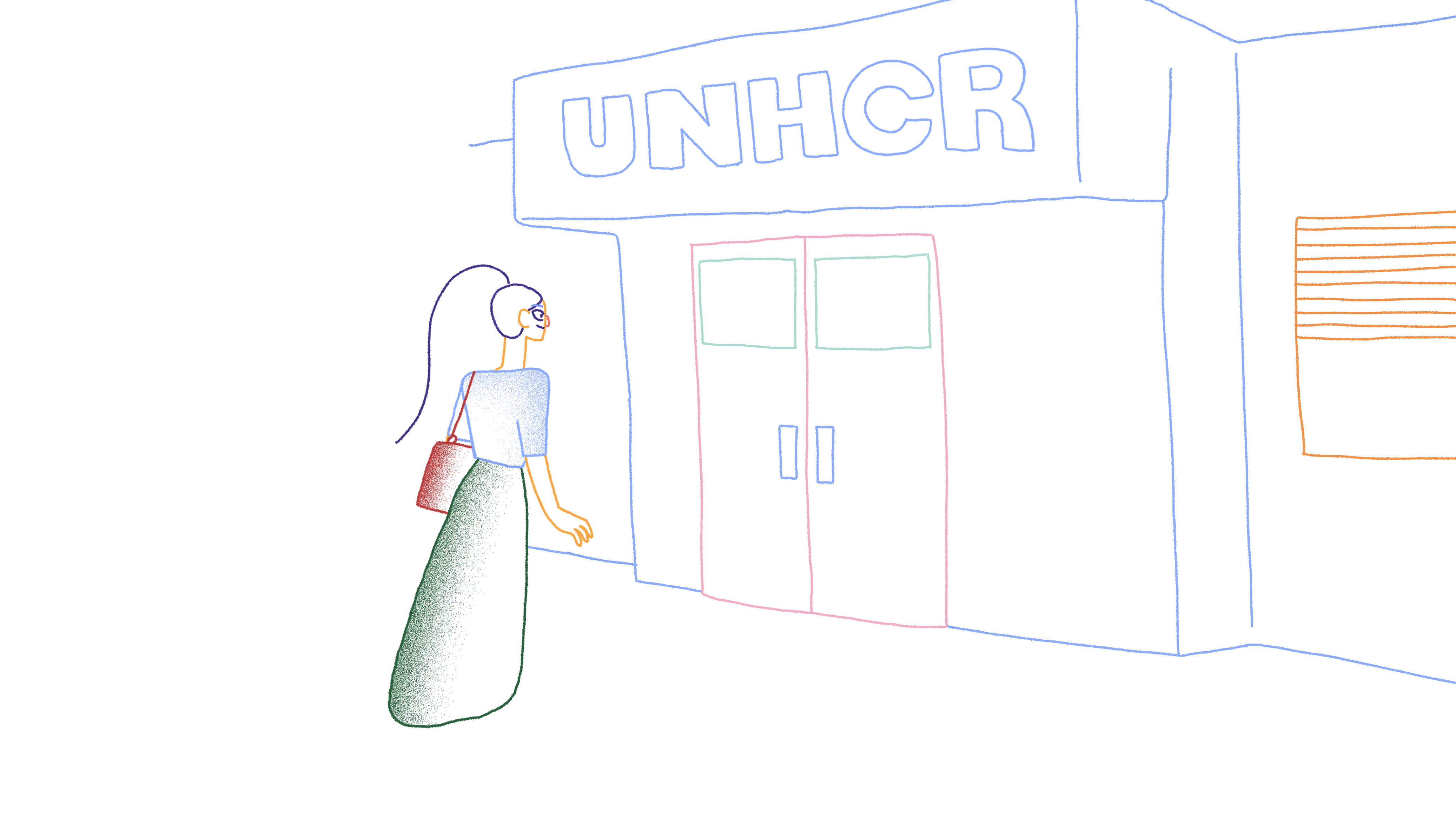 Illustration of a woman entering a UNHCR building.